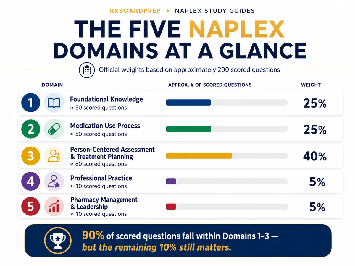 Five NAPLEX domains at a glance with official weights and approximate number of scored questions