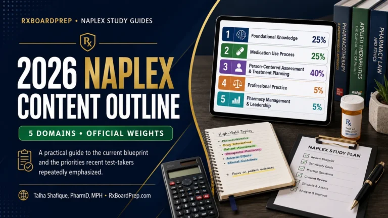 2026 NAPLEX content outline study guide graphic showing five domains and official weights