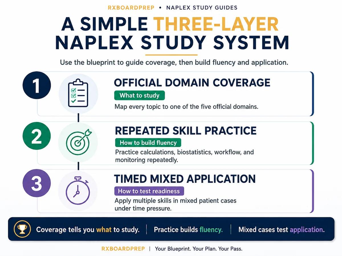 Three-layer NAPLEX study system showing domain coverage, repeated skill practice, and timed mixed application