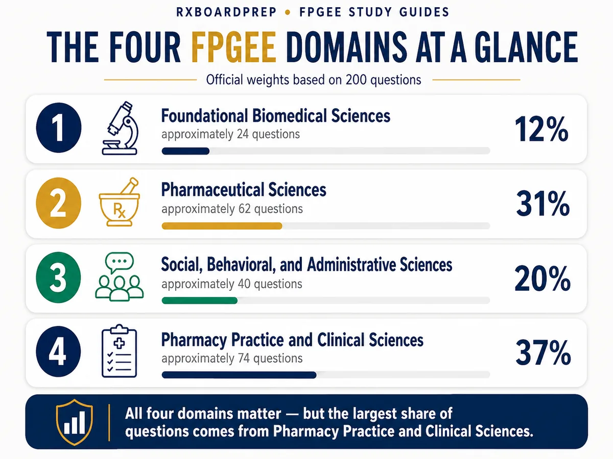 Four FPGEE domains at a glance showing official exam weights and approximate scored questions