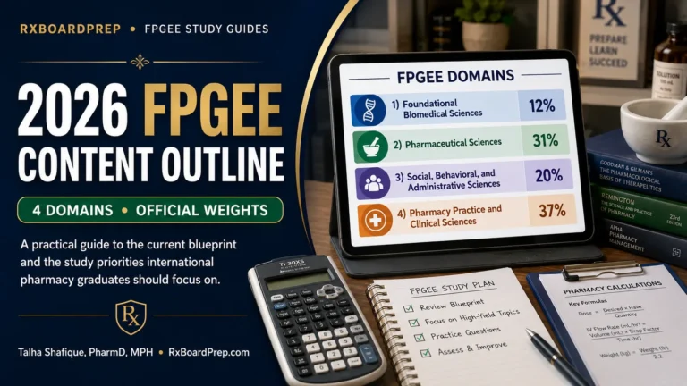 2026 FPGEE content outline study guide showing the four official exam domains and weights