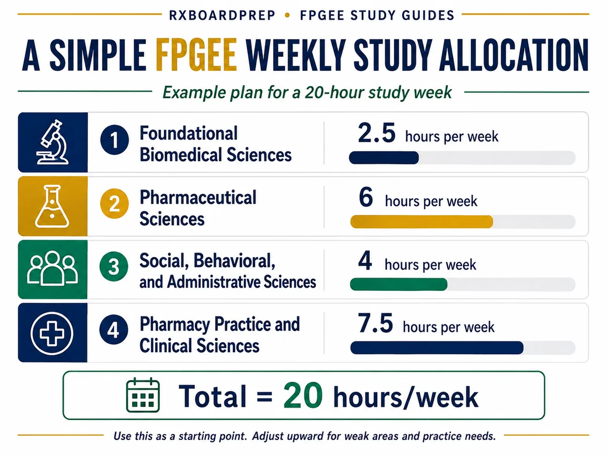 Sample FPGEE weekly study allocation for a 20-hour study week based on the four exam domains