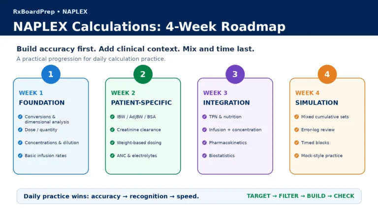 Four-week NAPLEX calculations roadmap showing foundation, patient-specific, integration, and simulation practice phases.