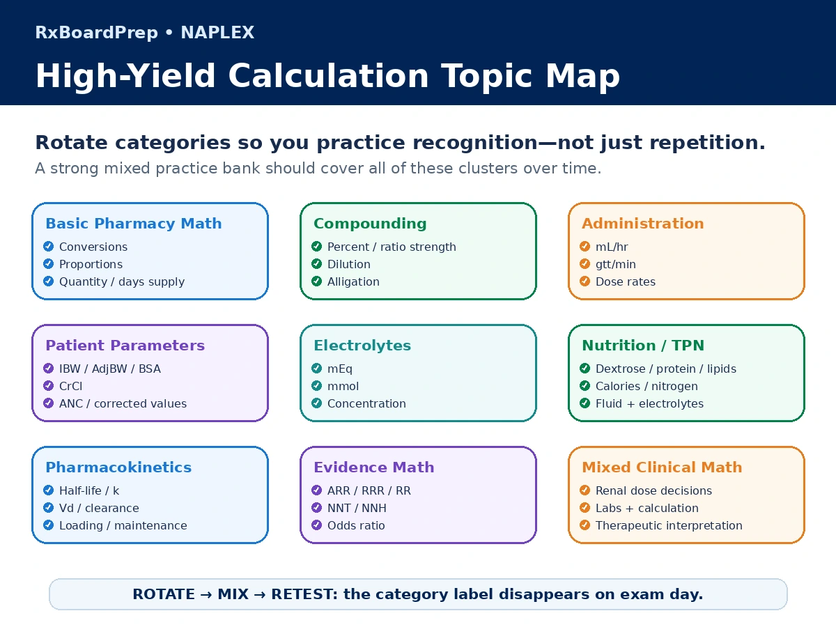 High-yield NAPLEX calculation topic map covering pharmacy math, compounding, administration, patient parameters, electrolytes, TPN, pharmacokinetics, evidence math, and clinical calculations.