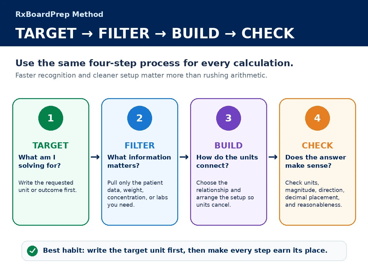RxBoardPrep TARGET, FILTER, BUILD, CHECK four-step method for solving NAPLEX calculation questions.