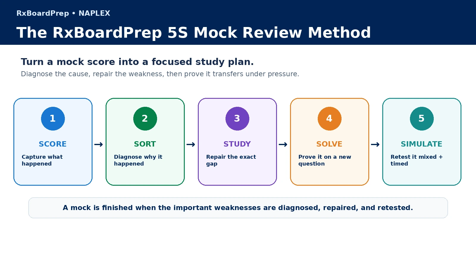 RxBoardPrep 5S NAPLEX mock review method showing Score, Sort, Study, Solve, and Simulate.