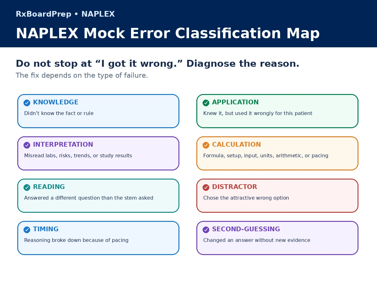 NAPLEX mock exam error classification map showing knowledge, application, interpretation, calculation, reading, distractor, timing, and second-guessing errors.
