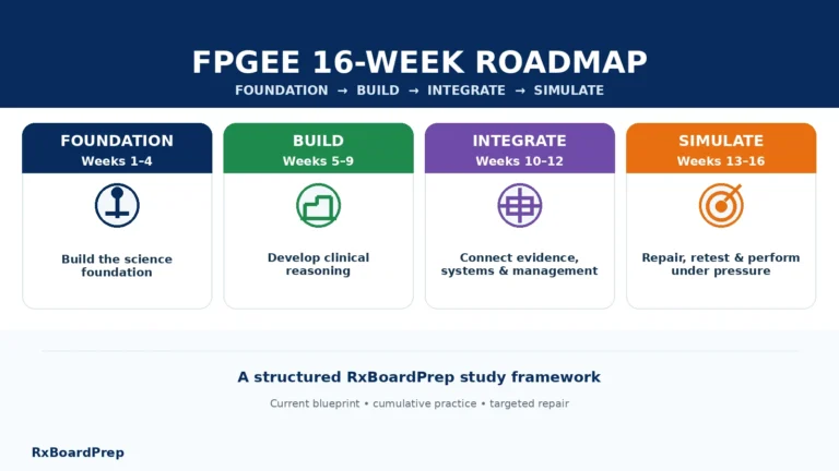 FPGEE 16-week study roadmap showing Foundation, Build, Integrate, and Simulate phases.