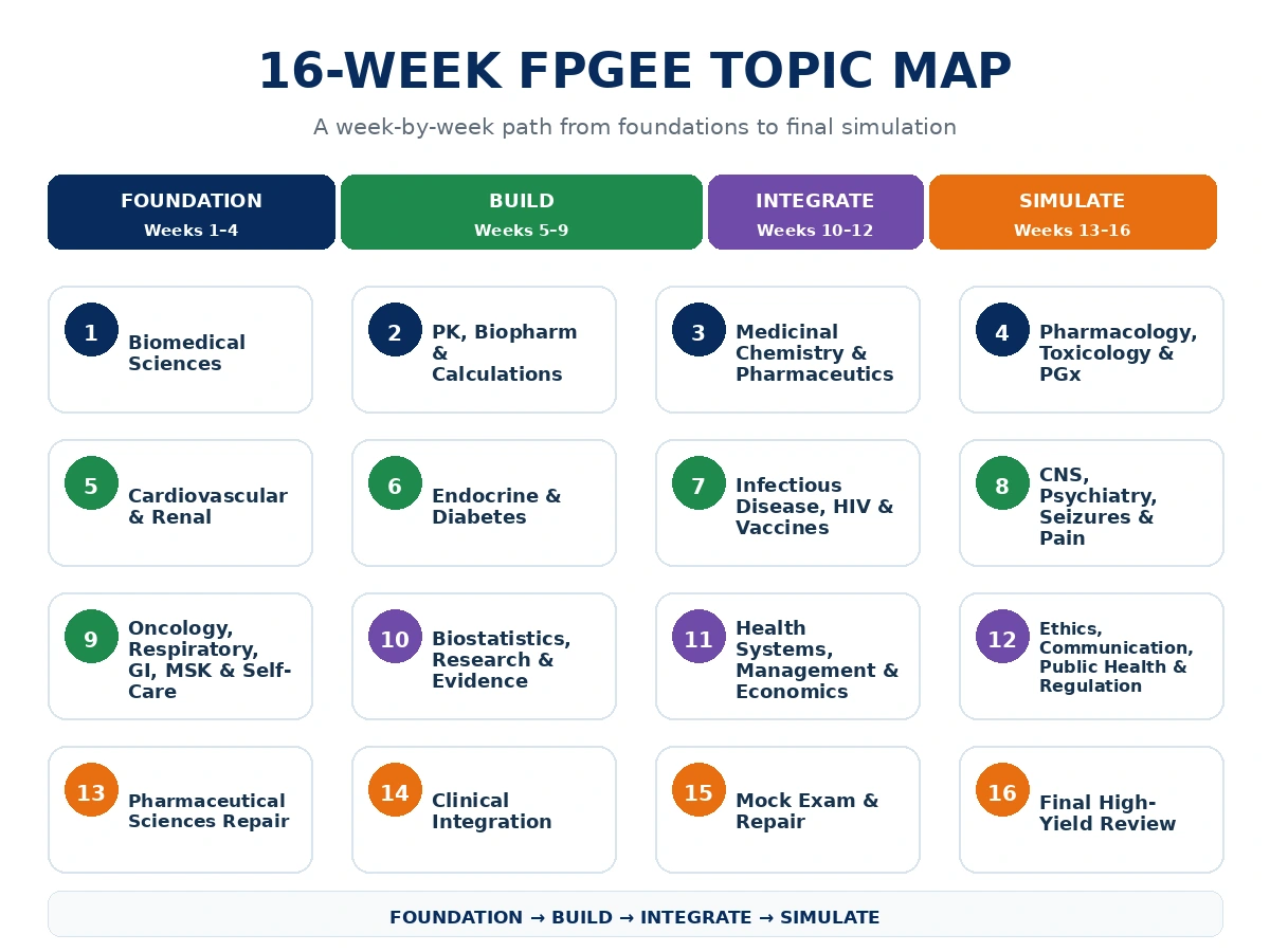 16-week FPGEE topic map showing weekly study topics from biomedical sciences through final high-yield review.