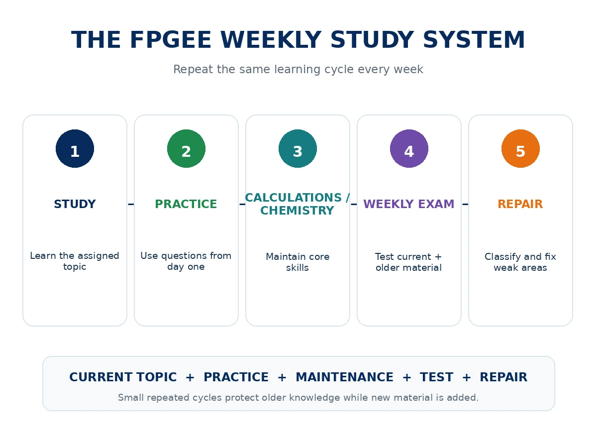 FPGEE weekly study system showing Study, Practice, Calculations and Chemistry, Weekly Exam, and Repair.