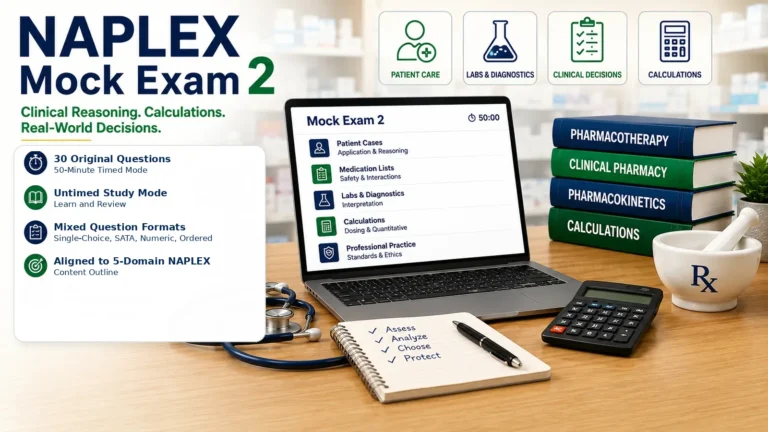 NAPLEX Mock Exam 2 featured image showing clinical reasoning, calculations, patient care, labs and diagnostics, and study modes