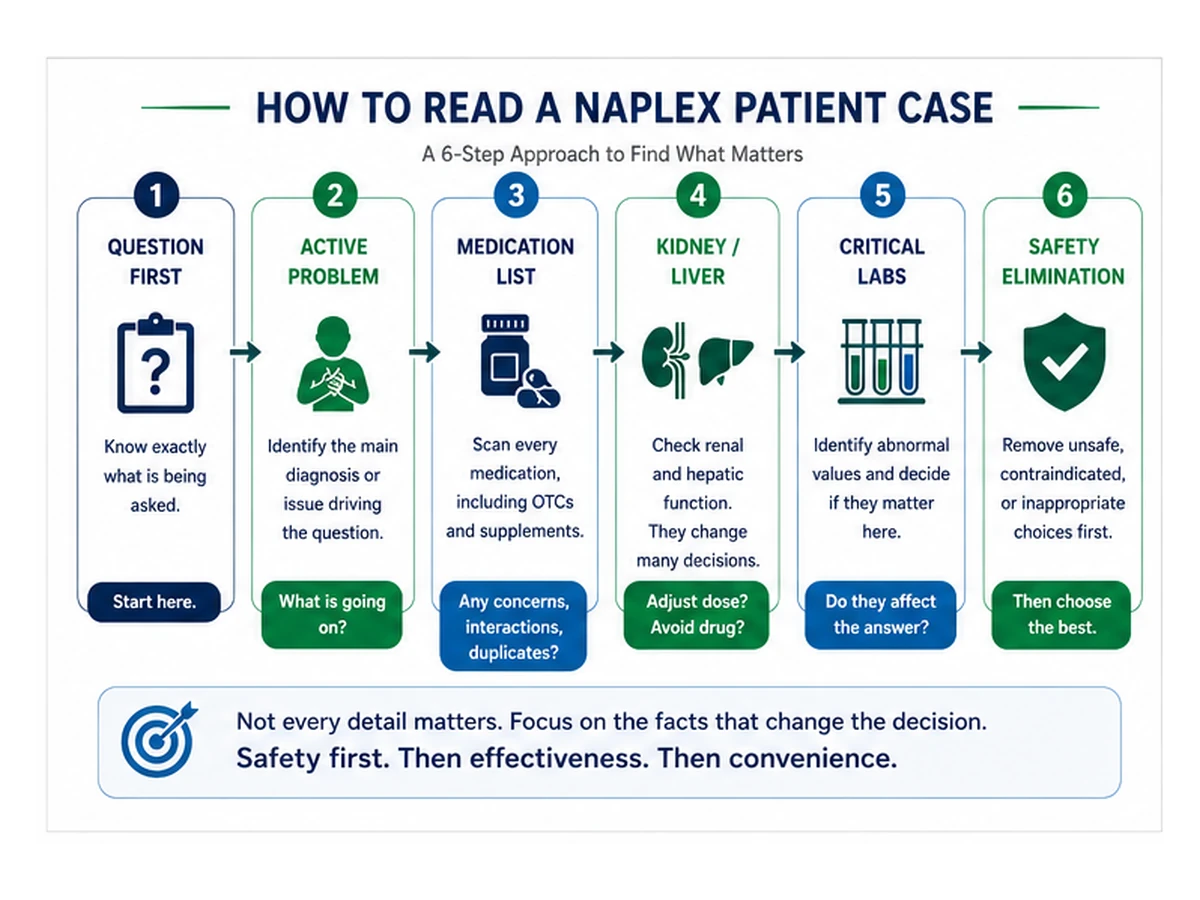 Six-step NAPLEX patient case strategy covering the question, active problem, medication list, kidney and liver function, critical labs, and safety