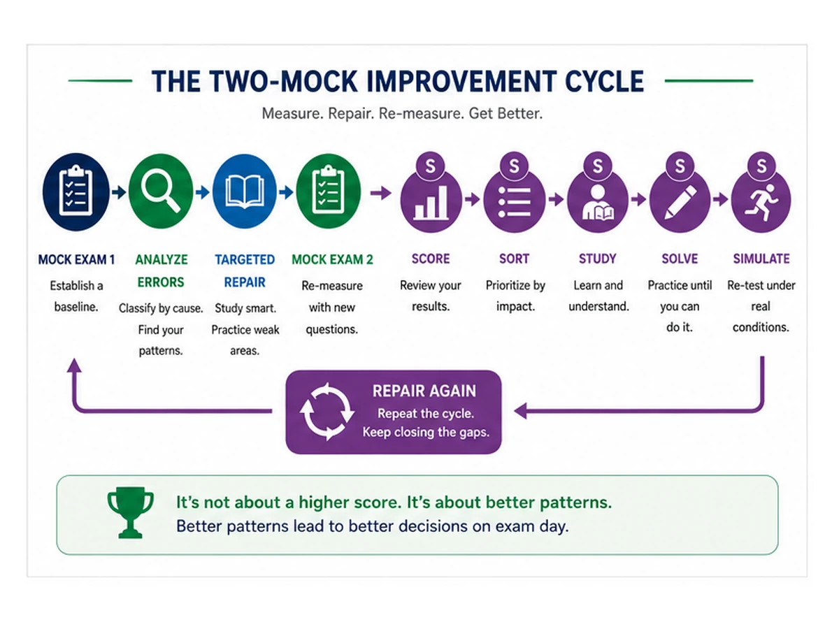 NAPLEX two-mock improvement cycle from Mock Exam 1 through error analysis, targeted repair, Mock Exam 2, and the 5S review method