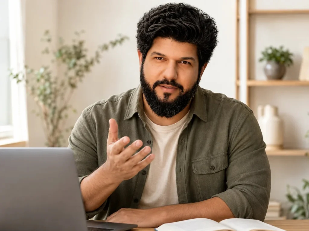 Talha Shafique teaching pharmacy students from a study workspace
